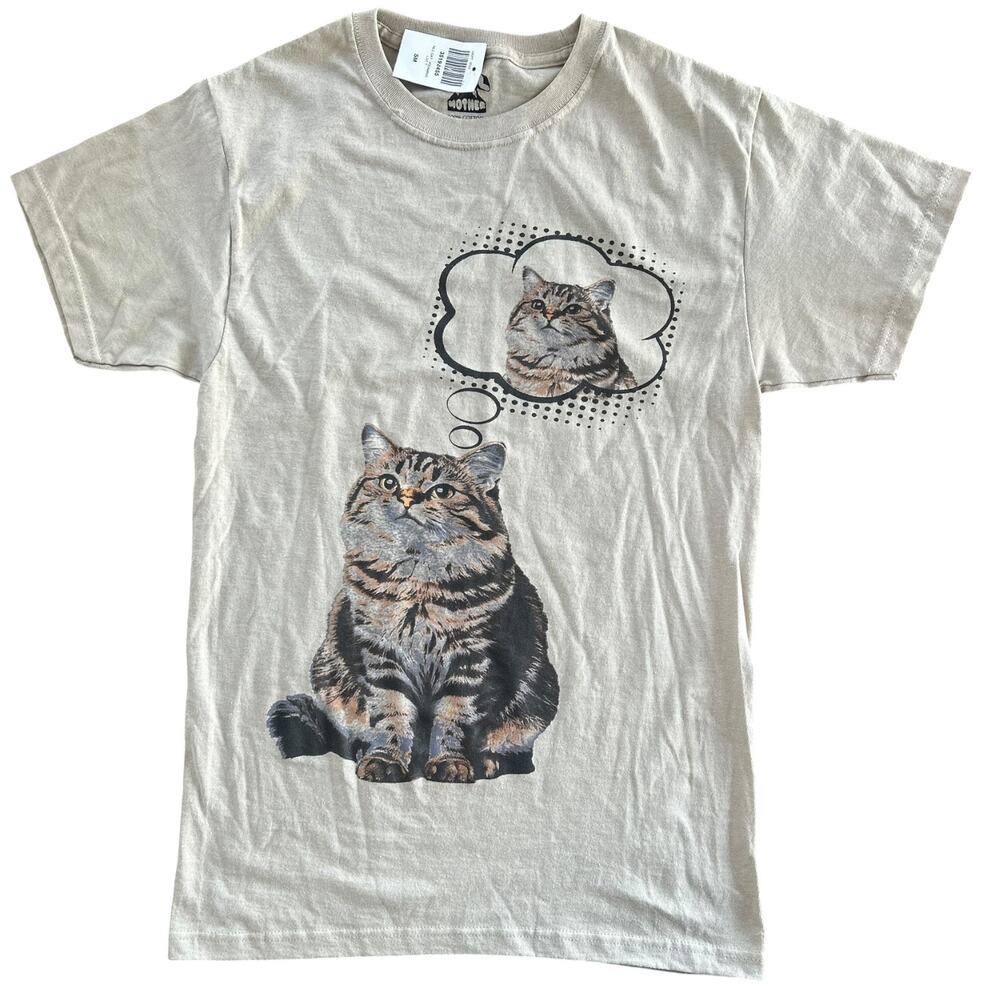 Call Your Mother Cat Thinking About Cat Graphic Tee Beige Size S NWT